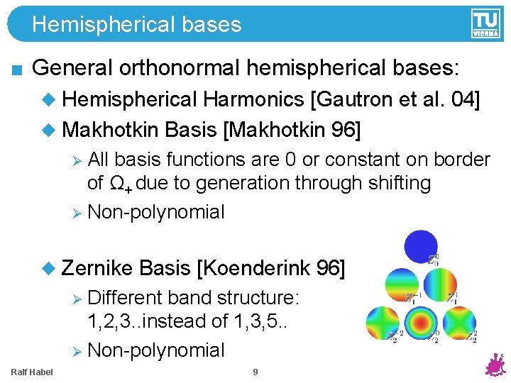 Hemispherical bases General orthonormal hemispherical bases: Hemispherical Harmonics [Gautron et al. 04] Makhotkin Basis