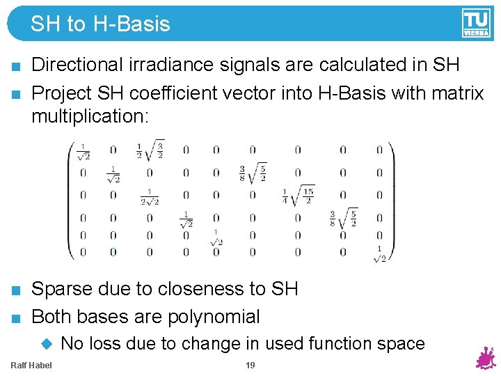 SH to H-Basis Directional irradiance signals are calculated in SH Project SH coefficient vector SH to H-Basis Directional irradiance signals are calculated in SH Project SH coefficient vector