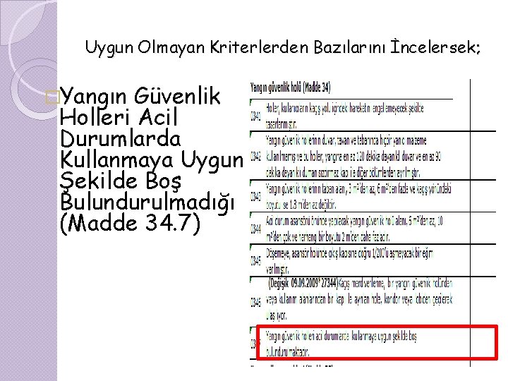 Uygun Olmayan Kriterlerden Bazılarını İncelersek; �Yangın Güvenlik Holleri Acil Durumlarda Kullanmaya Uygun Şekilde Boş