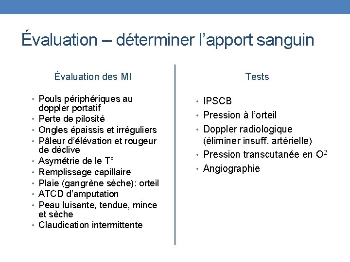 Évaluation – déterminer l’apport sanguin Évaluation des MI • Pouls périphériques au • •