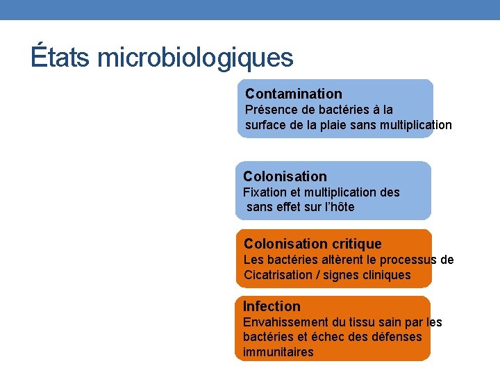 États microbiologiques Contamination Présence de bactéries à la surface de la plaie sans multiplication