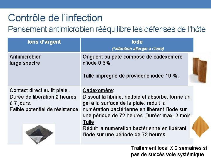 Contrôle de l’infection Pansement antimicrobien rééquilibre les défenses de l’hôte Ions d’argent Iode (*attention