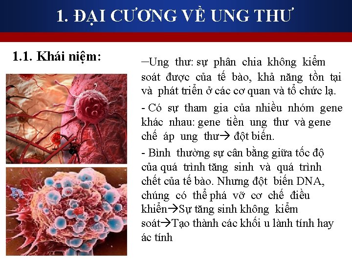 1. ĐẠI CƯƠNG VỀ UNG THƯ 1. 1. Khái niệm: ‒Ung thư: sự phân