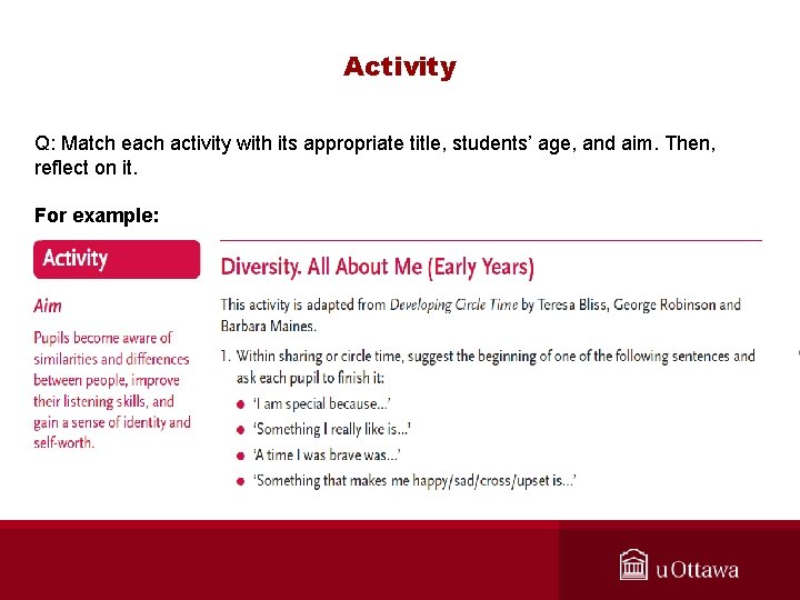 Activity Q: Match each activity with its appropriate title, students’ age, and aim. Then,