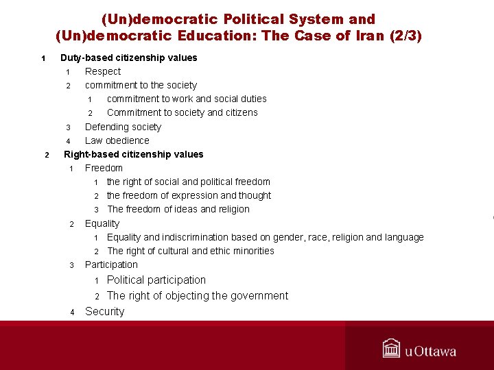 (Un)democratic Political System and (Un)democratic Education: The Case of Iran (2/3) 1 2 Duty-based