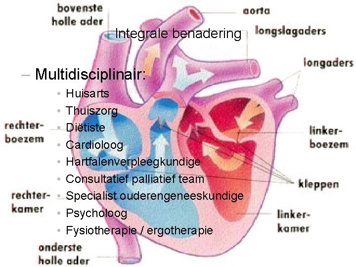 Integrale benadering – Multidisciplinair: • • • Huisarts Thuiszorg Diëtiste Cardioloog Hartfalenverpleegkundige Consultatief palliatief