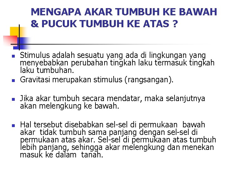 MENGAPA AKAR TUMBUH KE BAWAH & PUCUK TUMBUH KE ATAS ? n n Stimulus