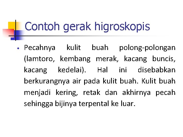 Contoh gerak higroskopis Pecahnya kulit buah polong-polongan (lamtoro, kembang merak, kacang buncis, kacang kedelai).