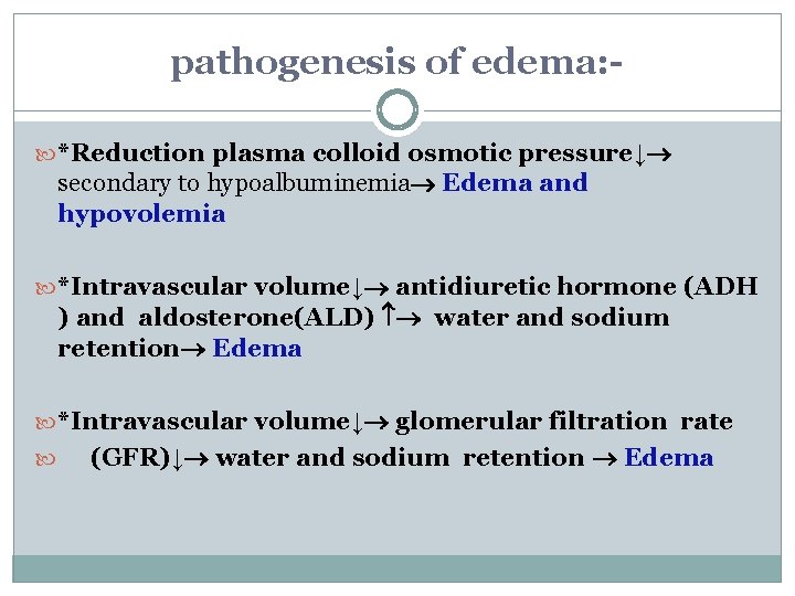 pathogenesis of edema: *Reduction plasma colloid osmotic pressure↓ secondary to hypoalbuminemia Edema and hypovolemia pathogenesis of edema: *Reduction plasma colloid osmotic pressure↓ secondary to hypoalbuminemia Edema and hypovolemia