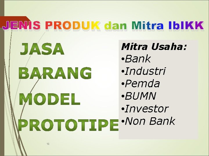 JENIS PRODUK dan Mitra Ib. IKK Mitra Usaha: • Bank • Industri • Pemda