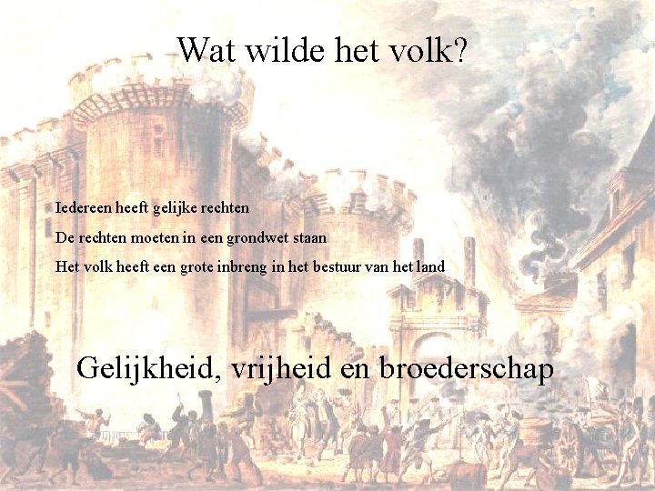 Wat wilde het volk? Iedereen heeft gelijke rechten De rechten moeten in een grondwet