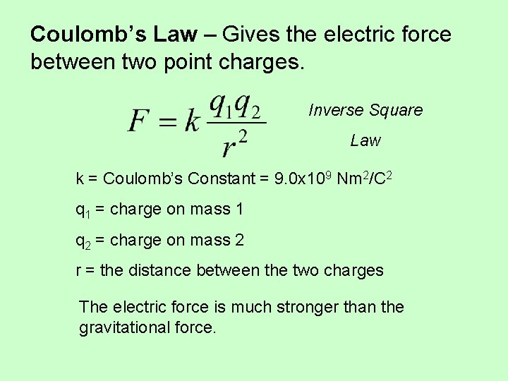 Coulomb’s Law – Gives the electric force between two point charges. Inverse Square Law