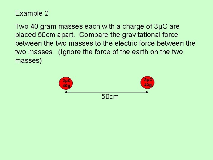 Example 2 Two 40 gram masses each with a charge of 3μC are placed