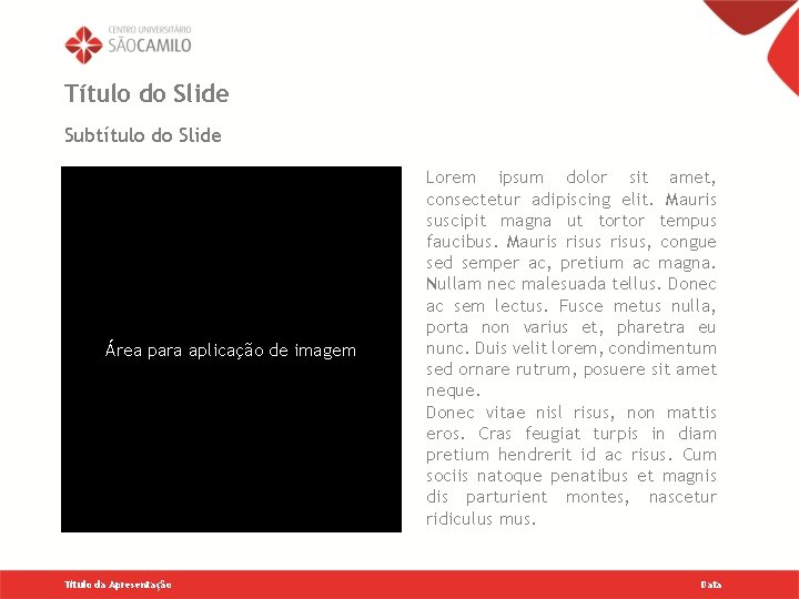 Título do Slide Subtítulo do Slide Área para aplicação de imagem Título da Apresentação