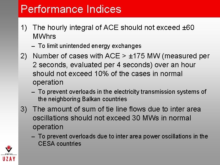 Performance Indices 1) The hourly integral of ACE should not exceed ± 60 MWhrs