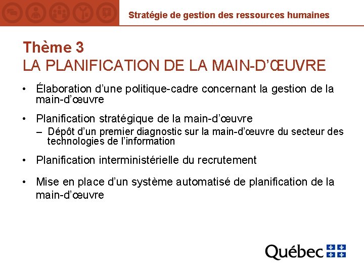 Stratégie de gestion des ressources humaines Thème 3 LA PLANIFICATION DE LA MAIN-D’ŒUVRE •