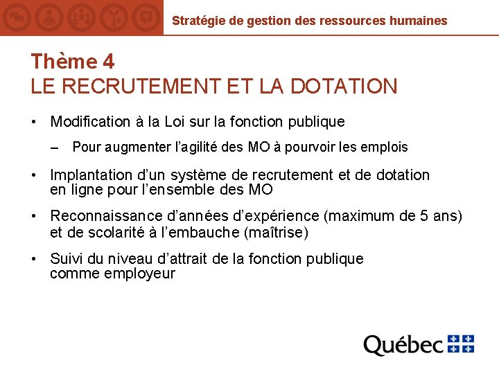 Stratégie de gestion des ressources humaines Thème 4 LE RECRUTEMENT ET LA DOTATION •