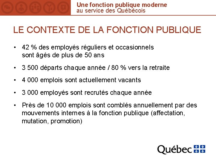 Une fonction publique moderne au service des Québécois LE CONTEXTE DE LA FONCTION PUBLIQUE