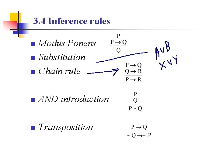 3. 4 Inference rules n Modus Ponens Substitution Chain rule n AND introduction n