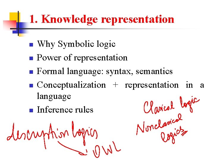 1. Knowledge representation n n Why Symbolic logic Power of representation Formal language: syntax,
