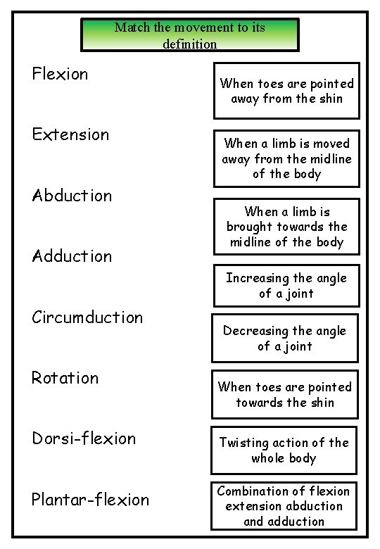 Match the movement to its definition Flexion Extension Abduction Adduction When toes are pointed