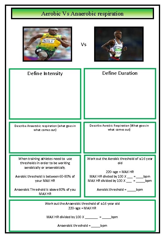 Aerobic Vs Anaerobic respiration Vs Define Intensity Define Duration Describe Anaerobic respiration (what goes