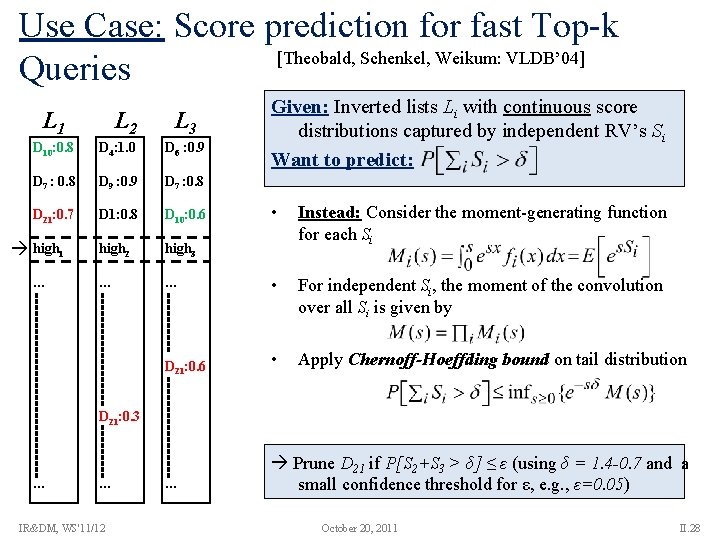 Use Case: Score prediction for fast Top-k [Theobald, Schenkel, Weikum: VLDB’ 04] Queries L