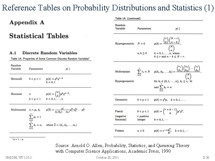 Reference Tables on Probability Distributions and Statistics (1) Source: Arnold O. Allen, Probability, Statistics,