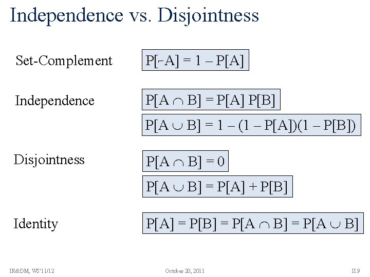 Independence vs. Disjointness Set-Complement P[⌐A] = 1 – P[A] Independence P[A B] = P[A]