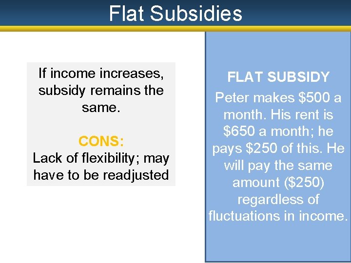 Flat Subsidies If income increases, subsidy remains the same. CONS: Lack of flexibility; may