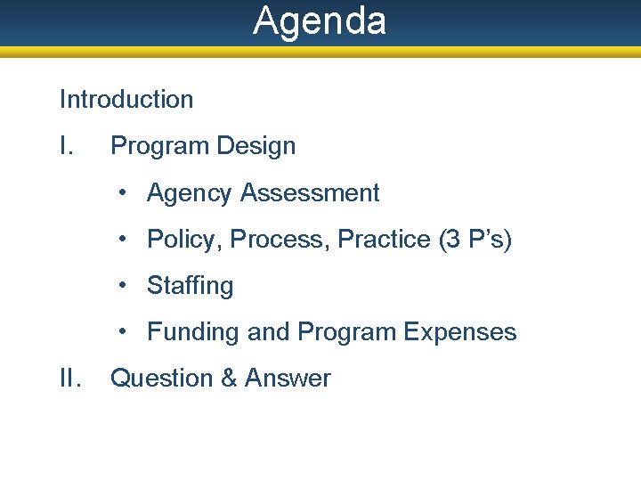 Agenda Introduction I. Program Design • Agency Assessment • Policy, Process, Practice (3 P’s)