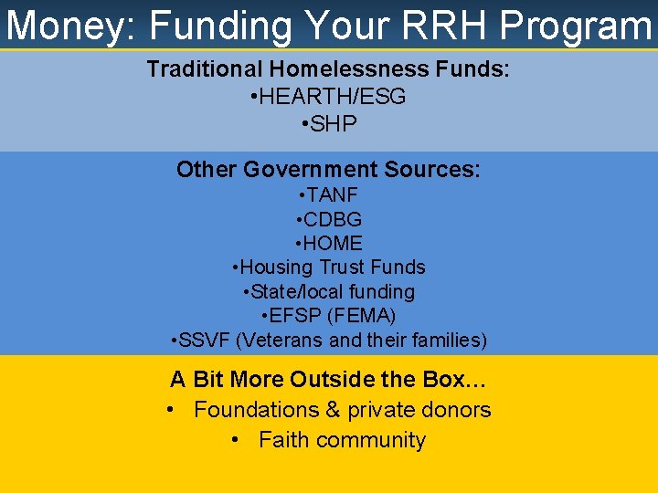 Money: Funding Your RRH Program Traditional Homelessness Funds: • HEARTH/ESG • SHP Other Government