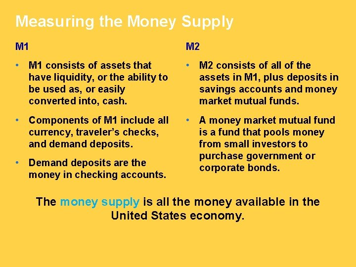 Measuring the Money Supply M 1 M 2 • M 1 consists of assets