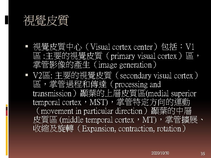 視覺皮質 視覺皮質中心（Visual cortex center）包括：V 1 區 : 主要的視覺皮質（primary visual cortex）區， 掌管影像的產生（image generation） V 2區: