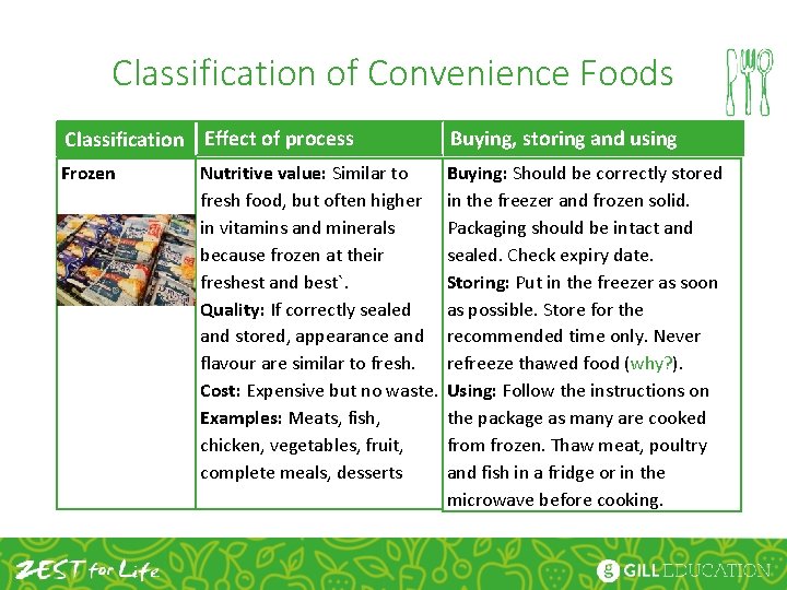 Classification of Convenience Foods Classification Effect of process Buying, storing and using Frozen Buying: