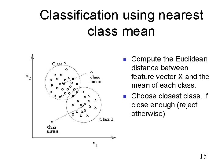 Classification using nearest class mean Compute the Euclidean distance between feature vector X and Classification using nearest class mean Compute the Euclidean distance between feature vector X and