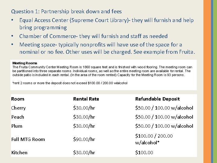 Question 1: Partnership break down and fees • Equal Access Center (Supreme Court Library)-