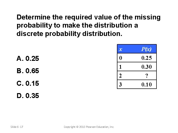 Determine the required value of the missing probability to make the distribution a discrete
