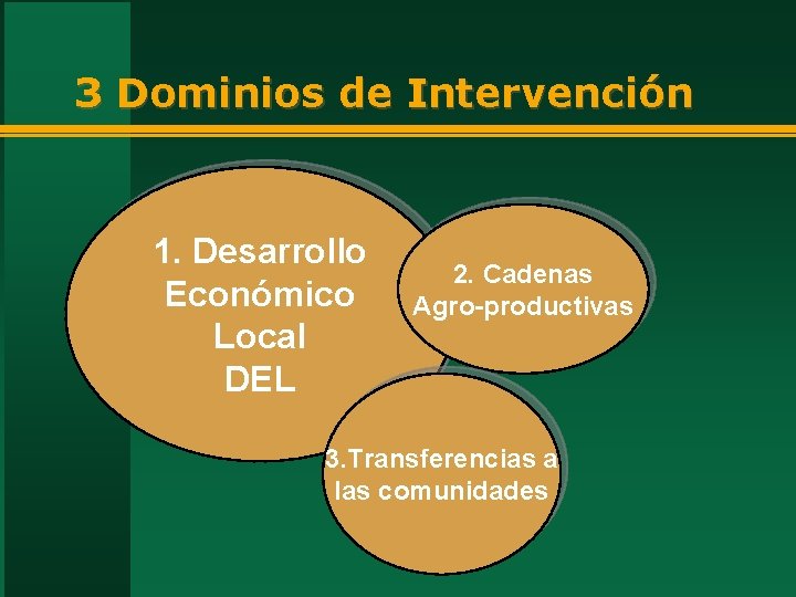 3 Dominios de Intervención 1. Desarrollo Económico Local DEL 2. Cadenas Agro-productivas 3. Transferencias