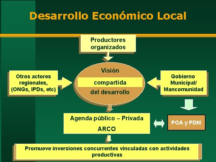 Desarrollo Económico Local Productores organizados Otros actores regionales, (ONGs, IPDs, etc) Visión compartida del