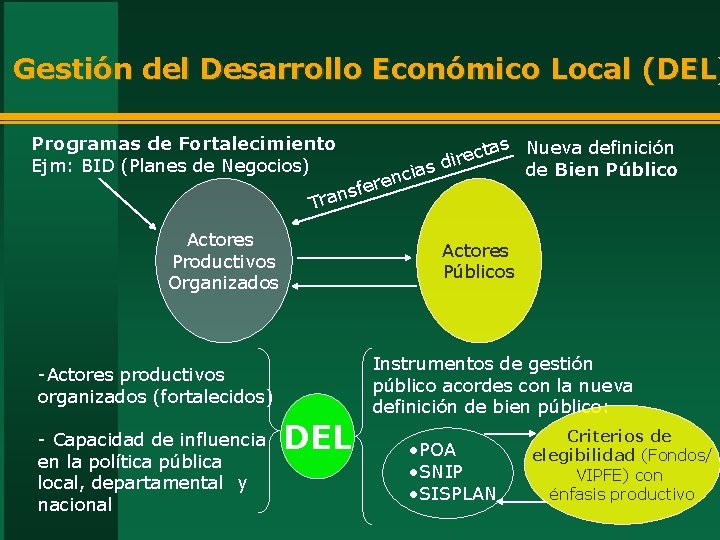 Gestión del Desarrollo Económico Local (DEL) Programas de Fortalecimiento Ejm: BID (Planes de Negocios)