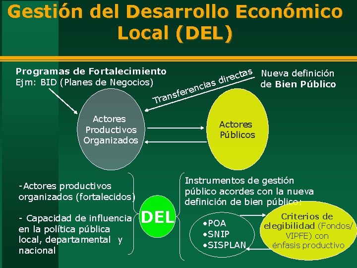 Gestión del Desarrollo Económico Local (DEL) Programas de Fortalecimiento Ejm: BID (Planes de Negocios)