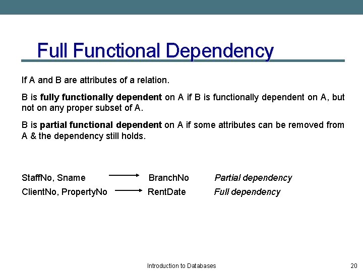 Full Functional Dependency If A and B are attributes of a relation. B is