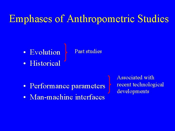 Emphases of Anthropometric Studies • Evolution • Historical Past studies • Performance parameters •