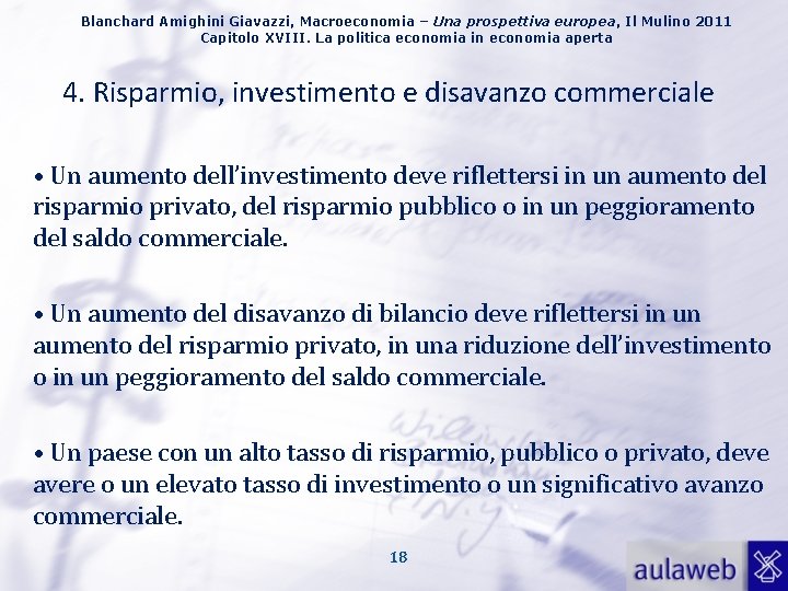 Blanchard Amighini Giavazzi, Macroeconomia – Una prospettiva europea, Il Mulino 2011 Capitolo XVIII. La