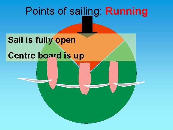 Points of sailing: Running Sail is fully open Centre board is up 