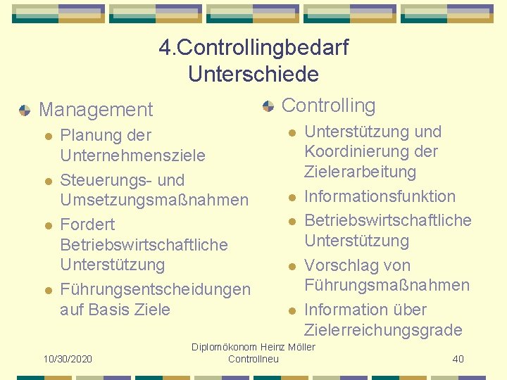 4. Controllingbedarf Unterschiede Controlling Management l l Planung der Unternehmensziele Steuerungs- und Umsetzungsmaßnahmen Fordert