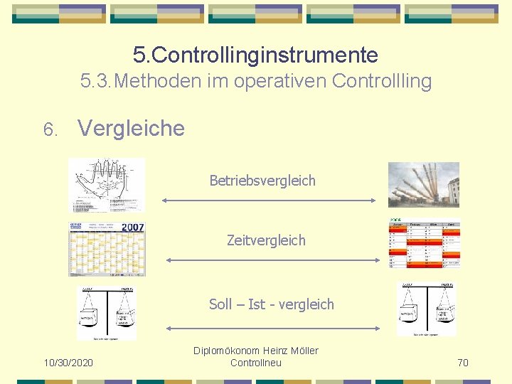 5. Controllinginstrumente 5. 3. Methoden im operativen Controllling 6. Vergleiche Betriebsvergleich Zeitvergleich Soll –