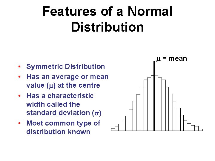 Features of a Normal Distribution • Symmetric Distribution • Has an average or mean