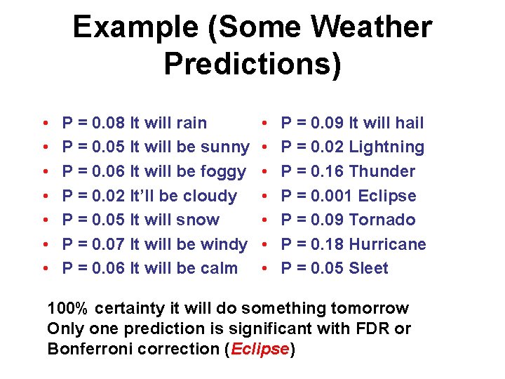Example (Some Weather Predictions) • • P = 0. 08 It will rain P